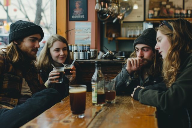 Gruppe junger Leute beim Trinken von Cold Brew Coffee