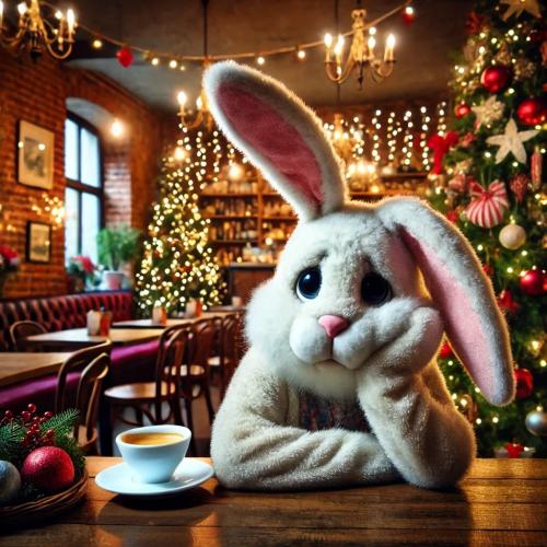 Osterhase sitzt an Weihnachten in einem Kaffee.