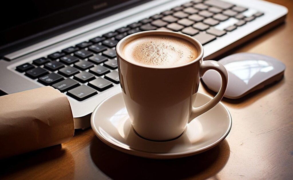 Kaffeetasse vor Laptop