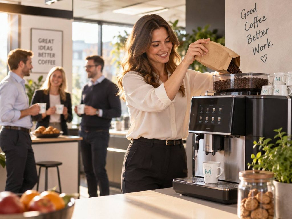 mit KI generiertes Bild einer Büroszene rund um den Kaffeevollautomaten.