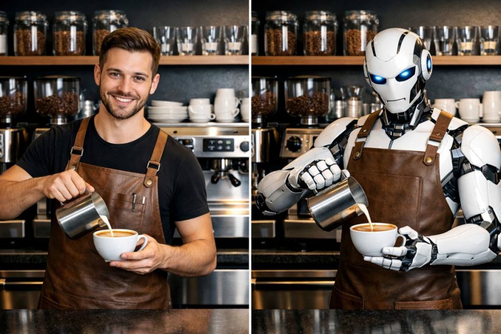 Gespiegeltes Bild. Auf der einen Seite ein Mensch als Barista, auf der anderen ein Roboter